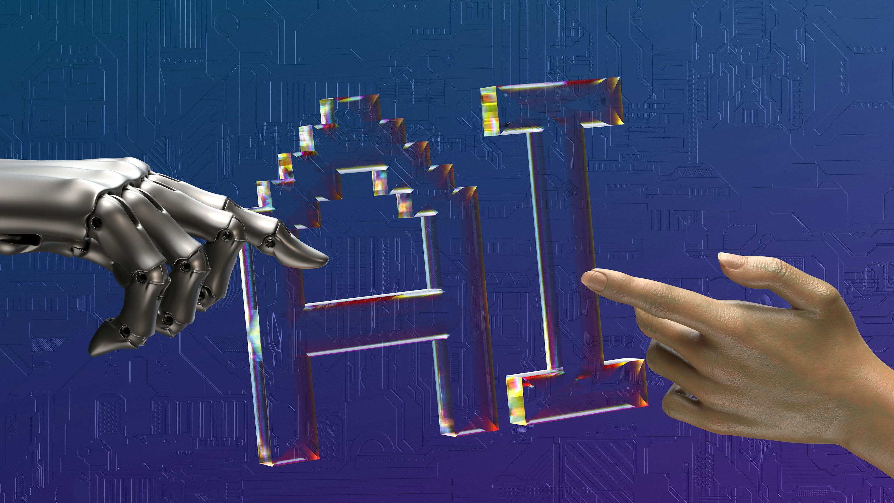 A human hand and a robot hand interacting with the letters AI, symbolizing the collaboration between humans and artificial intelligence in business.